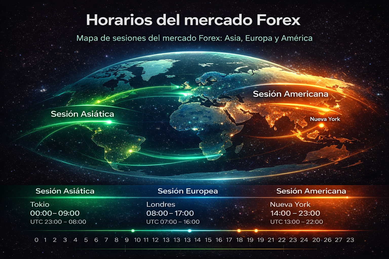 Mapa de sesiones del mercado Forex: Asia, Europa y América