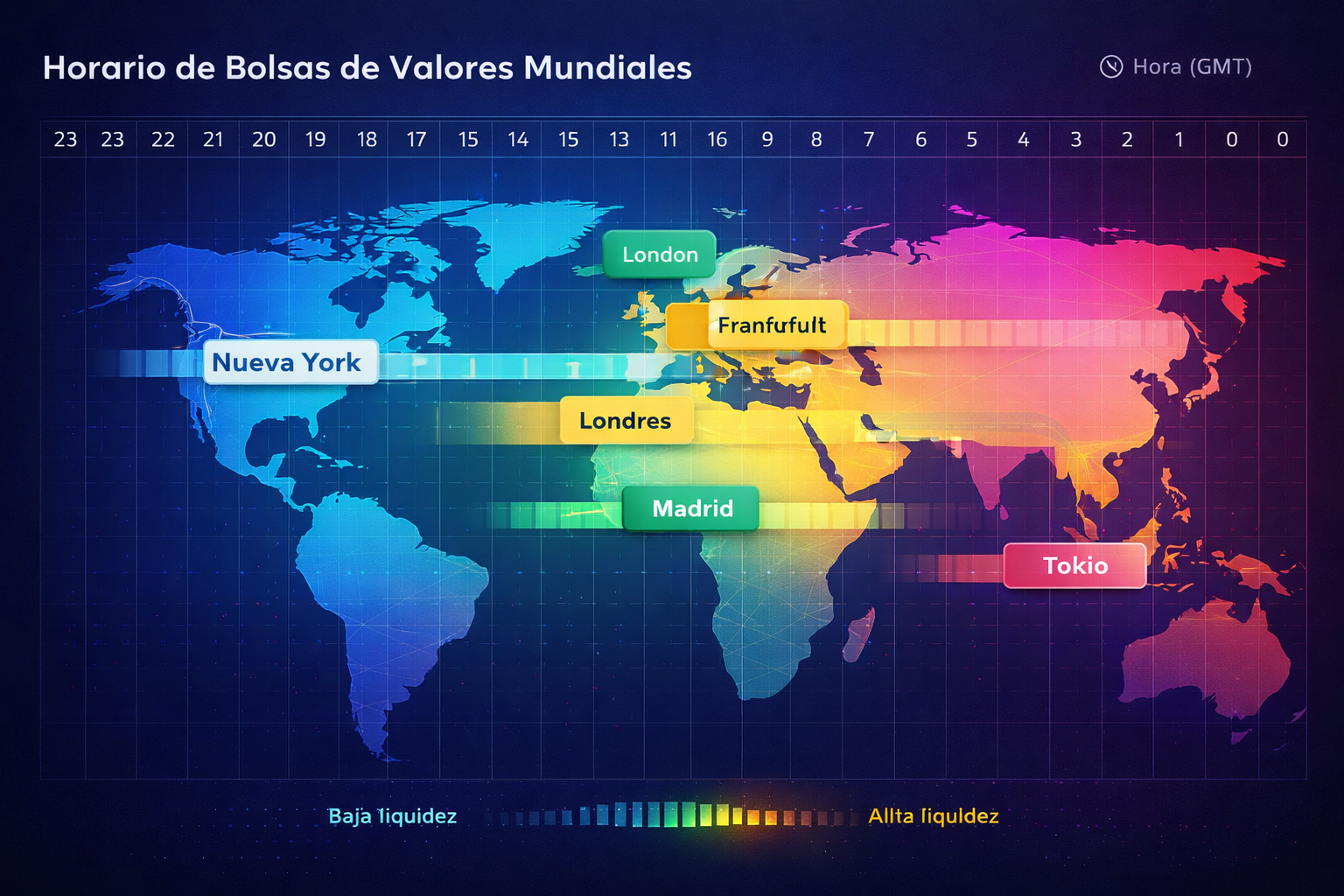 Infografía de sesiones de trading: Asia, Londres y Nueva York con horas de mayor liquidez